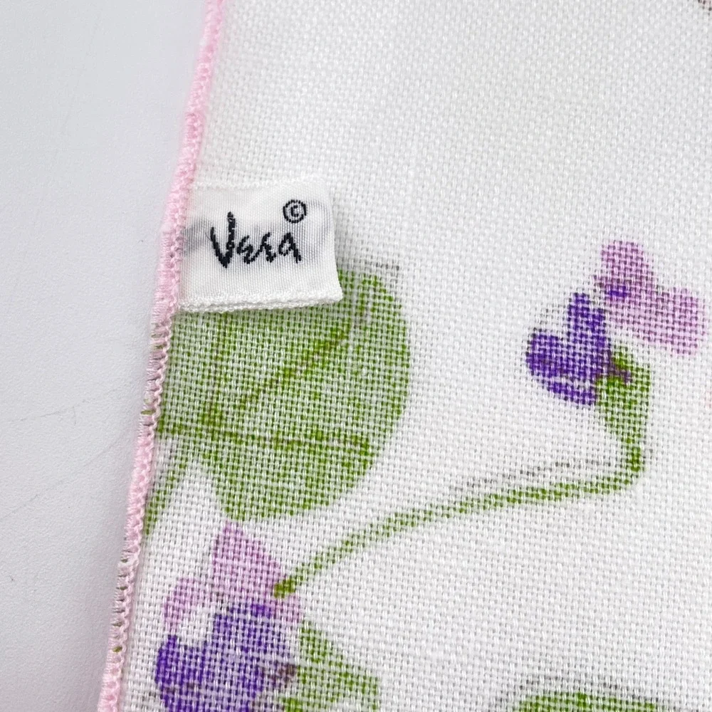 Vera Neumann 60-70s Floral Napkins x8 Crisp Vibrant Purple Violets Pink Edge Tag
